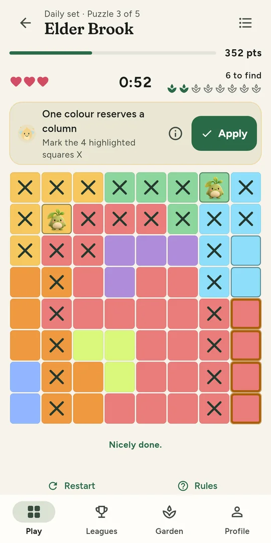 A puzzle with Wisp's hint open: one colour reserves a column, so four highlighted squares can be marked X