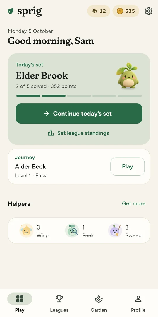 Today's set on the Play tab: two of five puzzles solved, 352 points, and a twelve-day streak